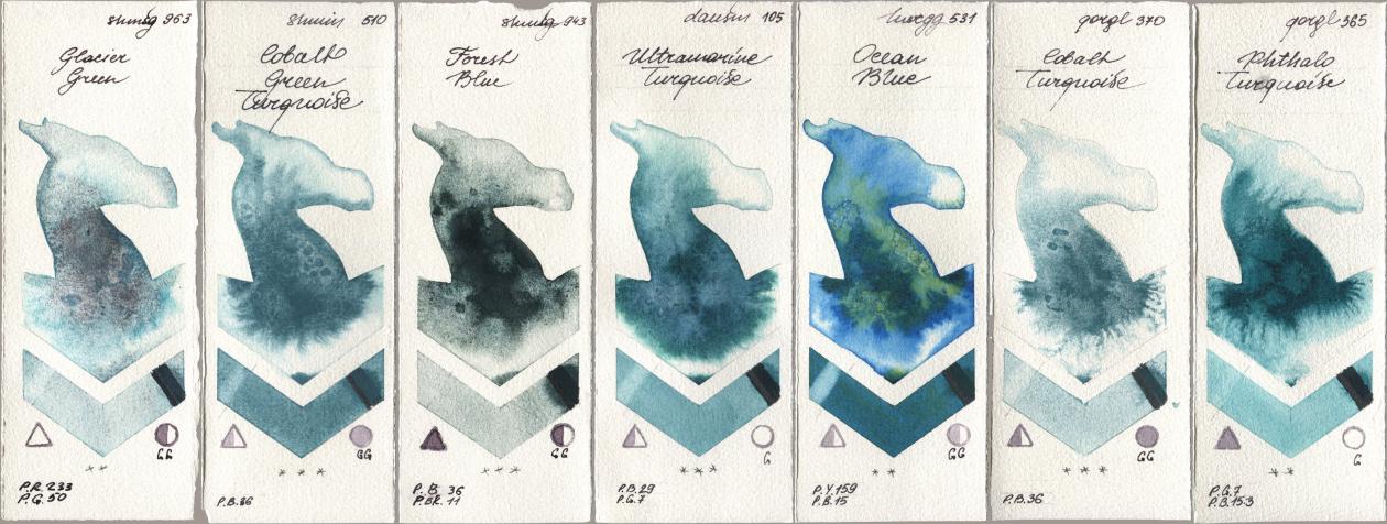 Shminke Horadam Aquarell 963 Glacier Green, 510 Cobalt Green Turquoise, 943 Forest Blue, Daniel Smith 105 Ultramarine Turquoise, Holbein Artists Watercolor 531 Ocean Blue, Golden QOR 370 Cobalt Turquoise, 365 Phthalo Turquoi watercolor swatch