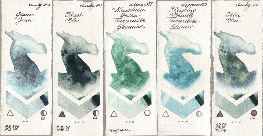 Shminke Horadam Aquarell 963 Glacier Green vs 943 Forest Blue vs Daniel Smith 155 Kingman Green Turquoise Genuine vs 150 Sleeping Beauty Turquoise Genuine vs 934 Shire Blue watercolor swatch