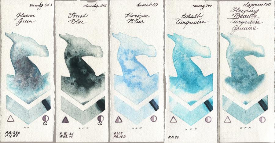 Shminke Horadam Aquarell 963 Glacier Green vs 943 Forest Blue vs Kuretake Gansai Tambi 069 Horizon Blue vs Rosa Gallery 741 Cobalt Turquoise vs Daniel Smith 150 Sleeping Beauty Turquoise Genuine watercolor swatch