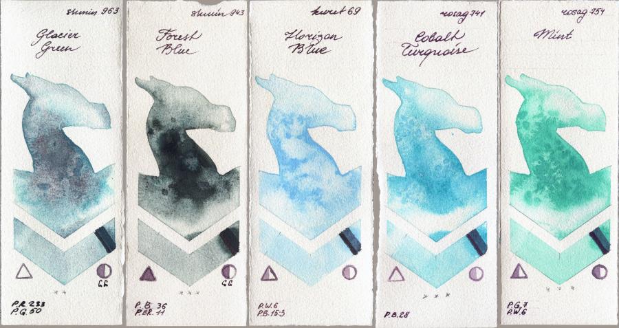 Shminke Horadam Aquarell 963 Glacier Green vs 943 Forest Blue vs Kuretake Gansai Tambi 69 Horizon Blue vs Rosa Gallery 741 Cobalt Turquoise vs 754 Mint watercolor swatch