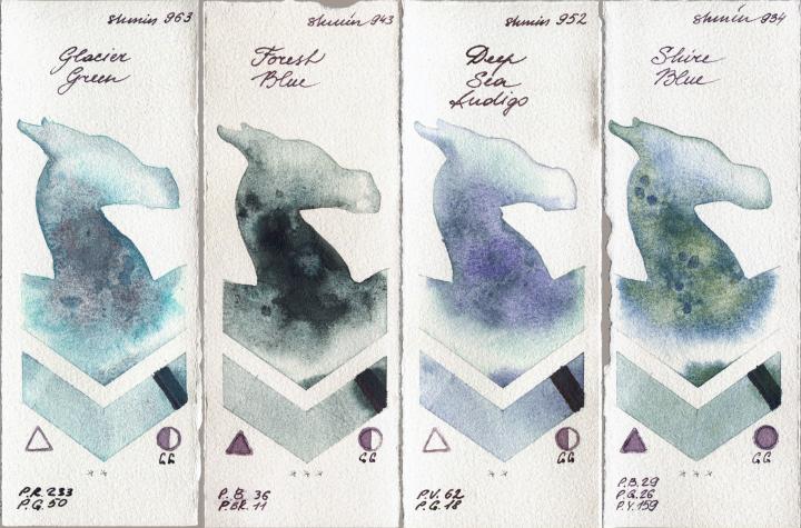 Shminke Horadam Aquarell 963 Glacier Green vs 943 Forest Blue vs 952 Deep Sea Indigo vs 934 Shire Blue watercolor swatch