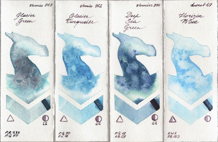 Shminke Horadam Aquarell 963 Glacier Green vs 962 Glacier Turquoise vs 954 Deep Sea Green vs Kuretake Gansai Tambi 69 Horizon Blue watercolor swatch