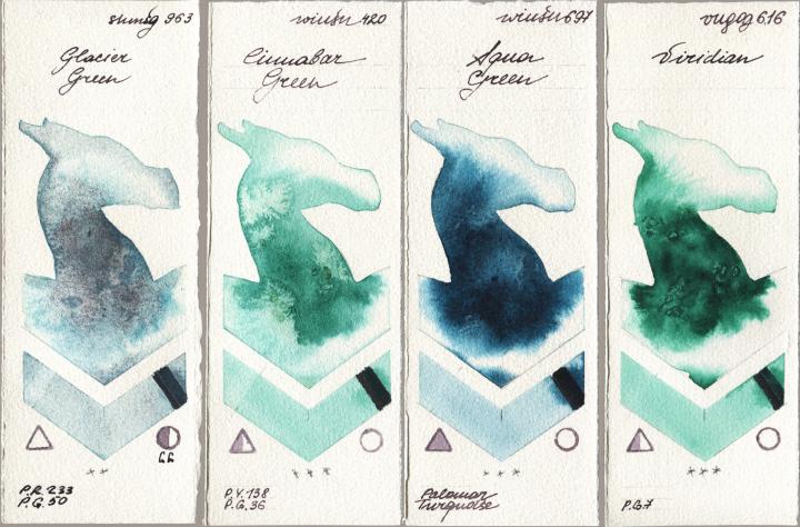 Shminke Horadam Aquarell 963 Glacier Green vs Winsor & Newton Professional 420 Cinnabar Green vs 697 Aqua Green vs Royal Talens Van Gogh Watercolour 616 Viridian watercolor swatch