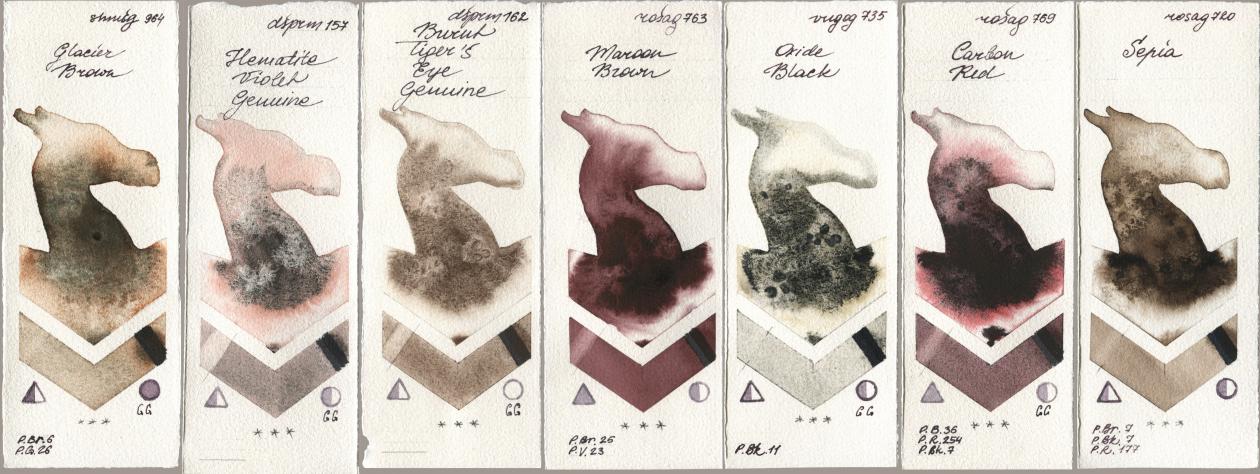 Shminke Horadam Aquarell 964 Glacier Brown, Daniel Smith 157 Hematite Violet Genuine, 162 Burnt Tigers Eye Genuine, Rosa Gallery 763 Maroon Brown, Royal Talens Van Gogh Watercolour 735 Oxide Black, 769 Carbon Red, 720 Sep watercolor swatch