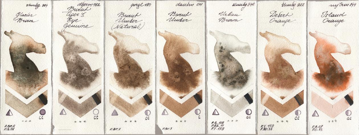 Shminke Horadam Aquarell 964 Glacier Brown, Daniel Smith 162 Burnt Tigers Eye Genuine, Golden QOR 480 Burnt Umber (Natural), 011 Burnt Umber, 946 Urban Brown, 922 Desert Orange, Mijello Mission Gold 844 Island Oran watercolor swatch