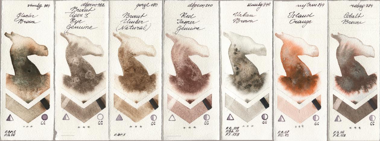 Shminke Horadam Aquarell 964 Glacier Brown, Daniel Smith 162 Burnt Tigers Eye Genuine, Golden QOR 480 Burnt Umber (Natural), 240 Red Jasper Genuine, 946 Urban Brown, Mijello Mission Gold 844 Island Orange, Rosa Gallery 784 Cobalt Bro watercolor swatch