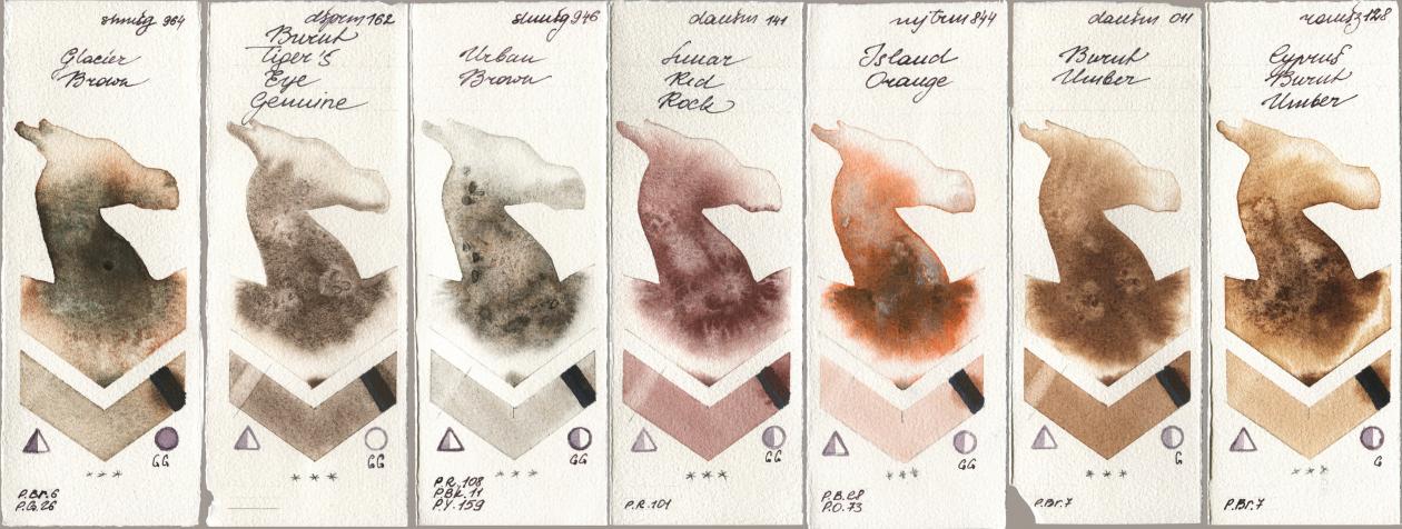 Shminke Horadam Aquarell 964 Glacier Brown, Daniel Smith 162 Burnt Tigers Eye Genuine, 946 Urban Brown, 141 Lunar Red Rock, Mijello Mission Gold 844 Island Orange, 011 Burnt Umber, Roman Szmal Aquarius 128 Cyprus Burnt Umb watercolor swatch