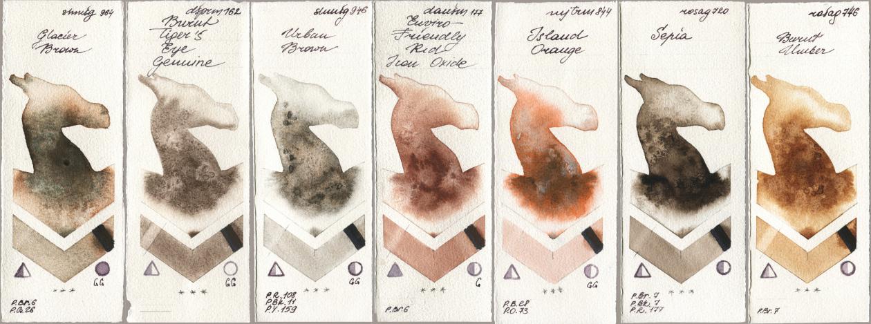 Shminke Horadam Aquarell 964 Glacier Brown, Daniel Smith 162 Burnt Tigers Eye Genuine, 946 Urban Brown, 177 Enviro-Friendly Red Iron Oxide, Mijello Mission Gold 844 Island Orange, Rosa Gallery 720 Sepia, 746 Burnt Umb watercolor swatch