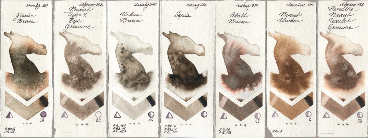 Shminke Horadam Aquarell 964 Glacier Brown, Daniel Smith 162 Burnt Tigers Eye Genuine, 946 Urban Brown, Rosa Gallery 720 Sepia, 784 Cobalt Brown, 011 Burnt Umber, 158 Hematite Burnt Scarlet Genui watercolor swatch