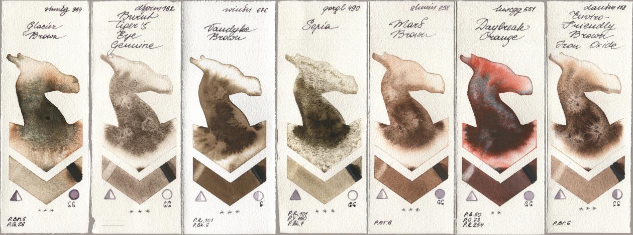 Shminke Horadam Aquarell 964 Glacier Brown, Daniel Smith 162 Burnt Tigers Eye Genuine, Winsor & Newton Professional 676 Vandyke Brown, Golden QOR 490 Sepia, 658 Mars Brown, Holbein Artists Watercolor 551 Daybreak Orange, 178 Enviro-Friendly Brown Iron Oxi watercolor swatch