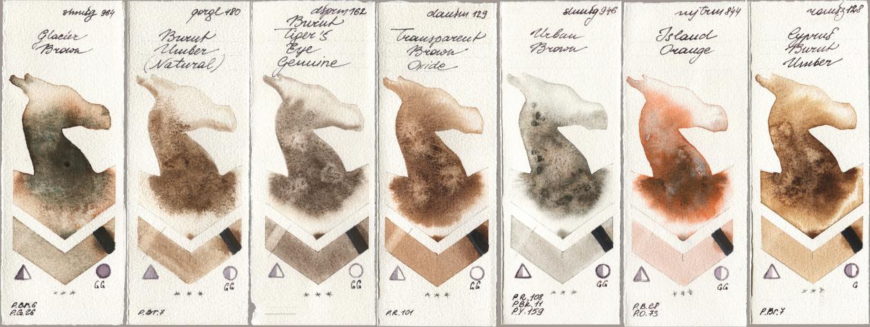 Shminke Horadam Aquarell 964 Glacier Brown, Golden QOR 480 Burnt Umber (Natural), Daniel Smith 162 Burnt Tigers Eye Genuine, 129 Transparent Brown Oxide, 946 Urban Brown, Mijello Mission Gold 844 Island Orange, Roman Szmal Aquarius 128 Cyprus Burnt Umb watercolor swatch