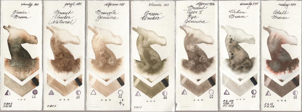 Shminke Horadam Aquarell 964 Glacier Brown, Golden QOR 480 Burnt Umber (Natural), Daniel Smith 199 Bronzite Genuine, 665 Green Umber, 162 Burnt Tigers Eye Genuine, 946 Urban Brown, Rosa Gallery 784 Cobalt Bro watercolor swatch