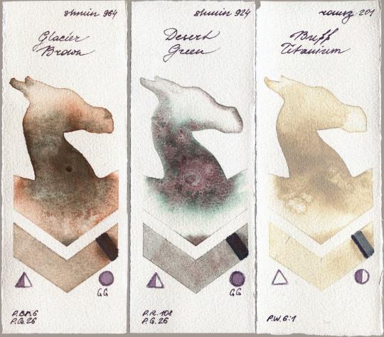 Shminke Horadam Aquarell 964 Glacier Brown vs 924 Desert Green vs Roman Szmal Aquarius 201 Buff Titanium watercolor swatch