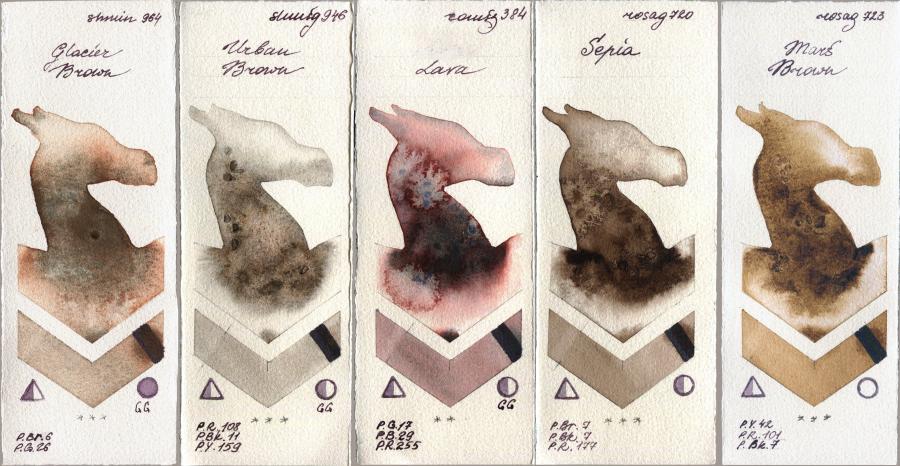 Shminke Horadam Aquarell 964 Glacier Brown vs 946 Urban Brown vs Roman Szmal Aquarius 384 Lava vs Rosa Gallery 720 Sepia vs 723 Mars Brown watercolor swatch