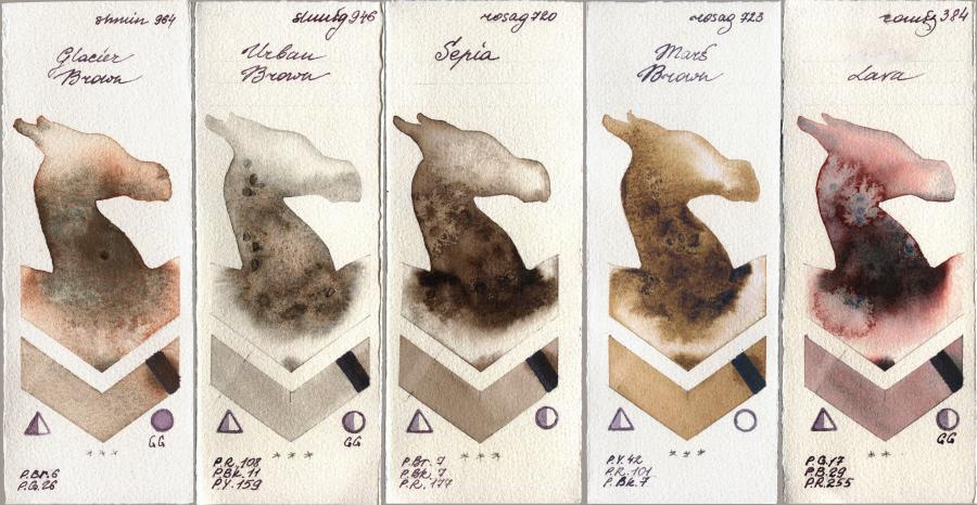 Shminke Horadam Aquarell 964 Glacier Brown vs 946 Urban Brown vs Rosa Gallery 720 Sepia vs 723 Mars Brown vs Roman Szmal Aquarius 384 Lava watercolor swatch
