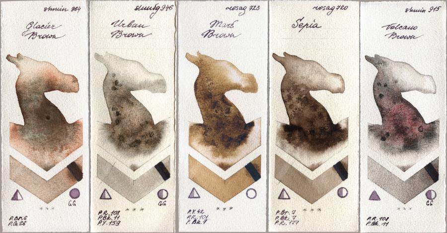 Shminke Horadam Aquarell 964 Glacier Brown vs 946 Urban Brown vs Rosa Gallery 723 Mars Brown vs 720 Sepia vs 915 Volcano Brown watercolor swatch