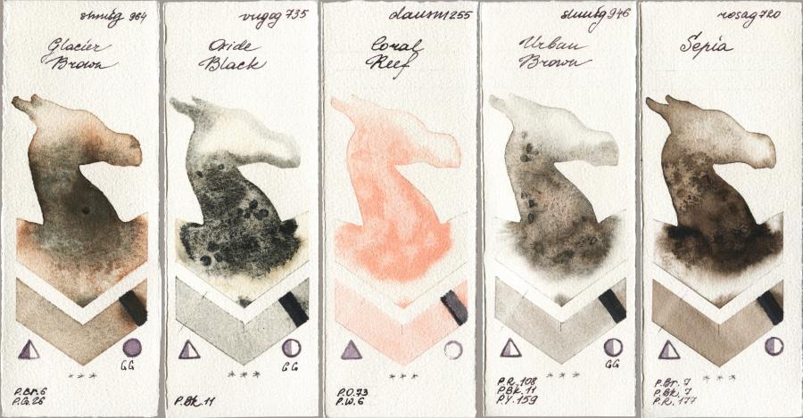 Shminke Horadam Aquarell 964 Glacier Brown vs Royal Talens Van Gogh Watercolour 735 Oxide Black vs Daniel Smith 255 Coral Reef vs 946 Urban Brown vs Rosa Gallery 720 Sepia watercolor swatch