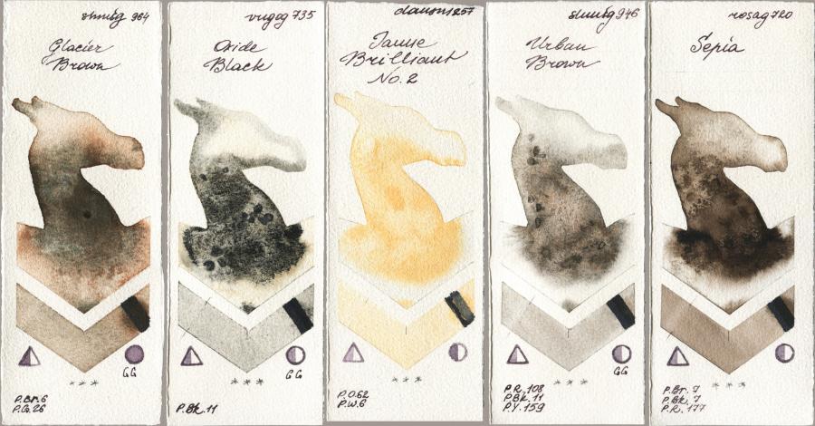 Shminke Horadam Aquarell 964 Glacier Brown vs Royal Talens Van Gogh Watercolour 735 Oxide Black vs Daniel Smith 257 Jaune Brilliant No 2 vs 946 Urban Brown vs Rosa Gallery 720 Sepia watercolor swatch