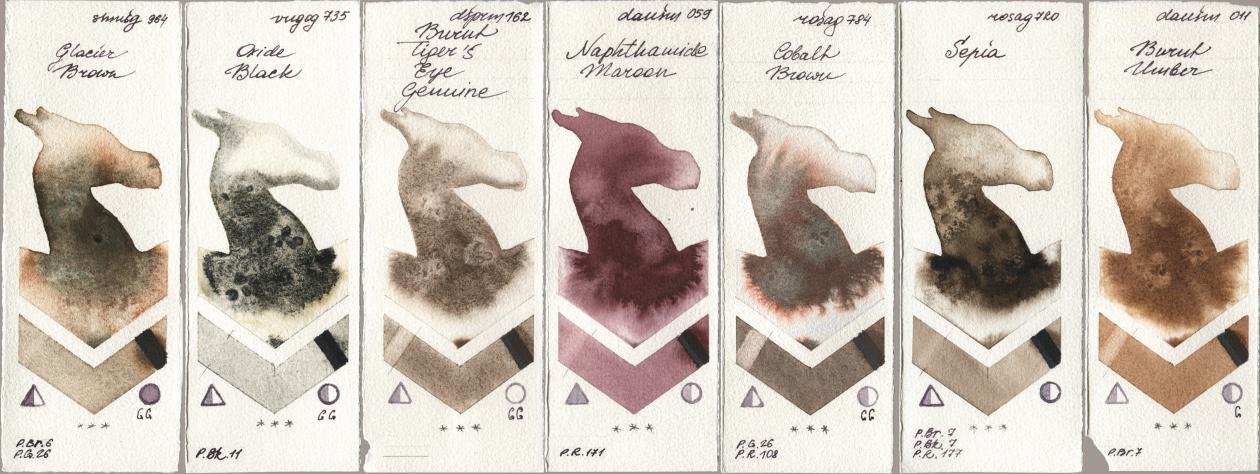 Shminke Horadam Aquarell 964 Glacier Brown, Royal Talens Van Gogh Watercolour 735 Oxide Black, Daniel Smith 162 Burnt Tigers Eye Genuine, 059 Naphthamide Maroon, Rosa Gallery 784 Cobalt Brown, 720 Sepia, 011 Burnt Umb watercolor swatch