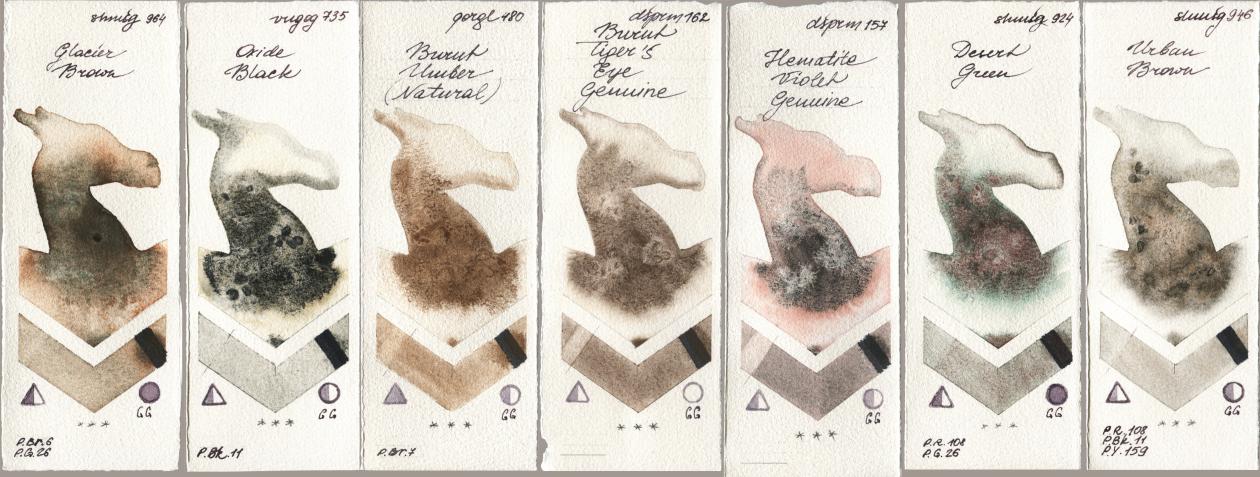 Shminke Horadam Aquarell 964 Glacier Brown, Royal Talens Van Gogh Watercolour 735 Oxide Black, Golden QOR 480 Burnt Umber (Natural), Daniel Smith 162 Burnt Tigers Eye Genuine, 157 Hematite Violet Genuine, 924 Desert Green, 946 Urban Bro watercolor swatch