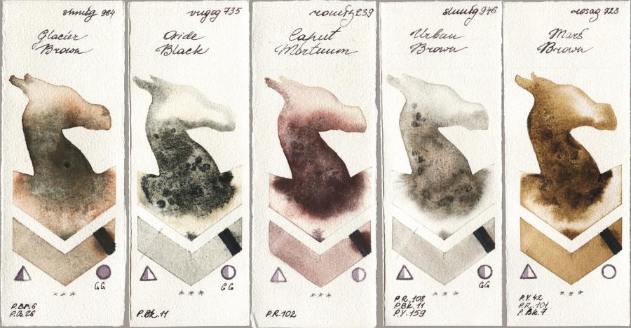Shminke Horadam Aquarell 964 Glacier Brown vs Royal Talens Van Gogh Watercolour 735 Oxide Black vs Roman Szmal Aquarius 239 Caput Mortuum vs 946 Urban Brown vs Rosa Gallery 723 Mars Brown watercolor swatch