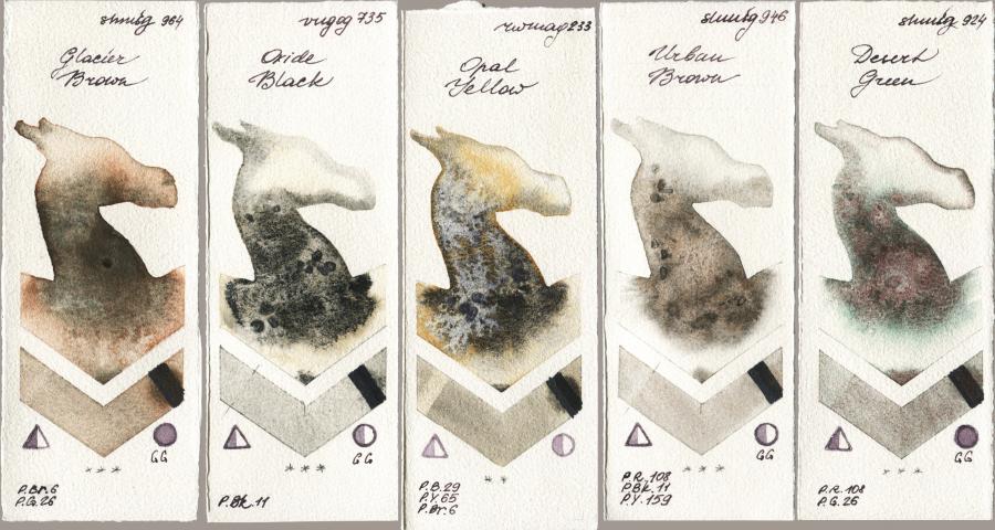 Shminke Horadam Aquarell 964 Glacier Brown vs Royal Talens Van Gogh Watercolour 735 Oxide Black vs Rockwell 233 Opal Yellow vs 946 Urban Brown vs 924 Desert Green watercolor swatch