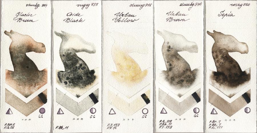 Shminke Horadam Aquarell 964 Glacier Brown vs Royal Talens Van Gogh Watercolour 735 Oxide Black vs 916 Urban Yellow vs 946 Urban Brown vs Rosa Gallery 720 Sepia watercolor swatch