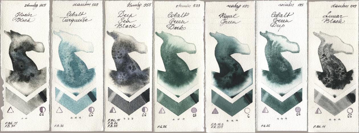 Shminke Horadam Aquarell 965 Glacier Black, Daniel Smith 029 Cobalt Turquoise, 955 Deep Sea Black, 533 Cobalt Green Dark, Rosa Gallery 780 Royal Green, Winsor & Newton Professional 185 Cobalt Green Deep, 049 Lunar Bla watercolor swatch