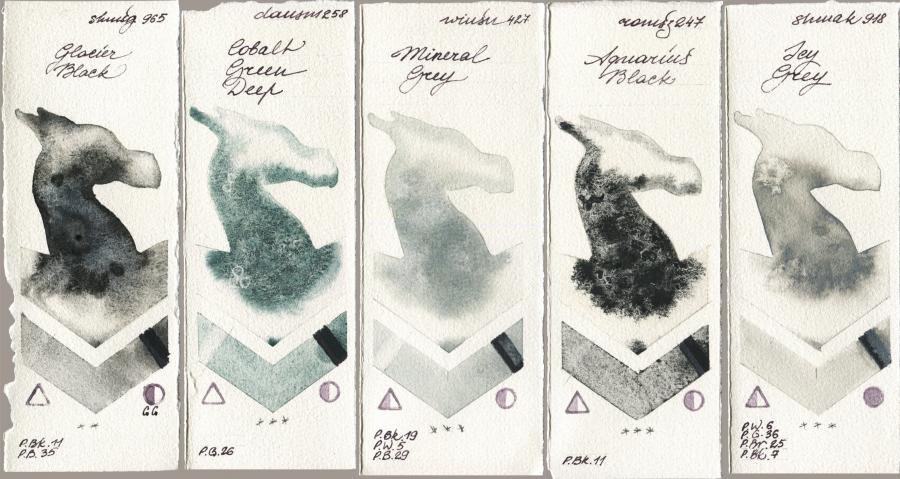 Shminke Horadam Aquarell 965 Glacier Black vs Daniel Smith 258 Cobalt Green Deep vs Winsor & Newton Professional 427 Mineral Grey vs Roman Szmal Aquarius 247 Aquarius Black vs Shminke Akademie Aquarell 918 Icy Grey watercolor swatch