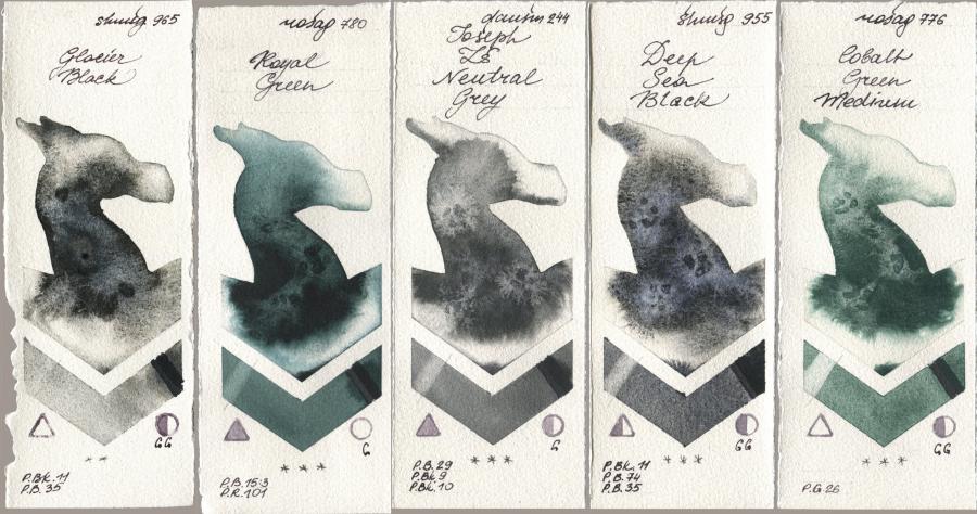 Shminke Horadam Aquarell 965 Glacier Black, Rosa Gallery 780 Royal Green, Daniel Smith 244 Joseph Zs Neutral Grey, 955 Deep Sea Black, 776 Cobalt Green Medi watercolor swatch