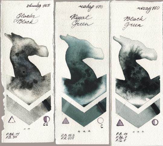 Shminke Horadam Aquarell 965 Glacier Black, Rosa Gallery 780 Royal Green, 760 Black Gre watercolor swatch