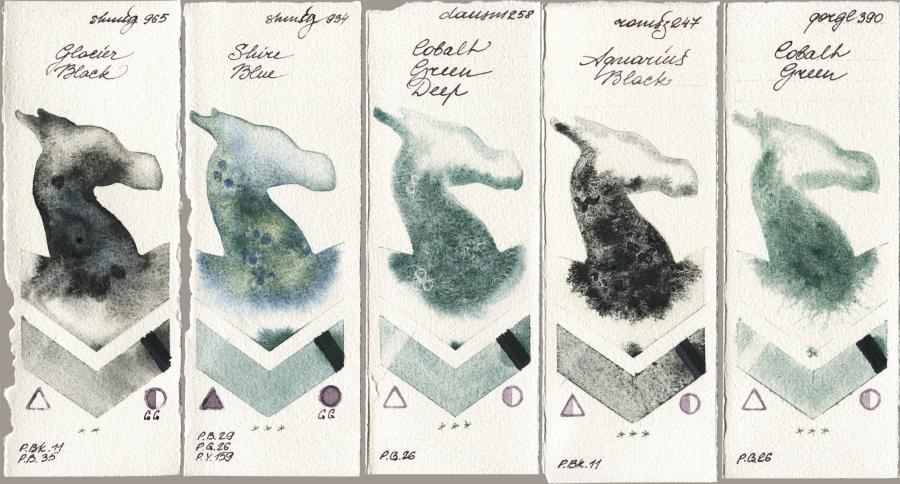 Shminke Horadam Aquarell 965 Glacier Black vs 934 Shire Blue vs Daniel Smith 258 Cobalt Green Deep vs Roman Szmal Aquarius 247 Aquarius Black vs Golden QOR 390 Cobalt Green watercolor swatch