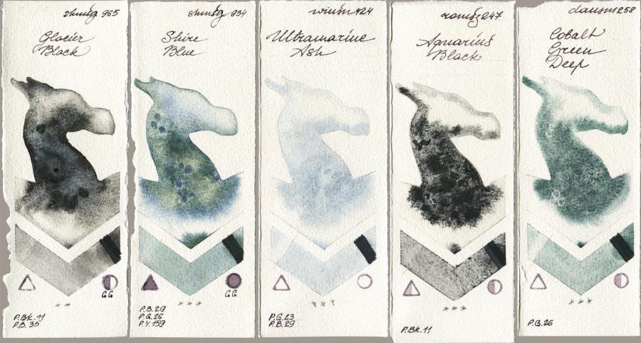 Shminke Horadam Aquarell 965 Glacier Black vs 934 Shire Blue vs Winsor & Newton Professional 424 Ultramarine Ash vs Roman Szmal Aquarius 247 Aquarius Black vs Daniel Smith 258 Cobalt Green Deep watercolor swatch