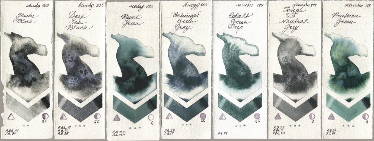 Shminke Horadam Aquarell 965 Glacier Black, 955 Deep Sea Black, Rosa Gallery 780 Royal Green, Holbein Artists Watercolor 563 Echinops Green Grey, Winsor & Newton Professional 185 Cobalt Green Deep, Daniel Smith 244 Joseph Zs Neutral Grey, 128 Prussian Gre watercolor swatch