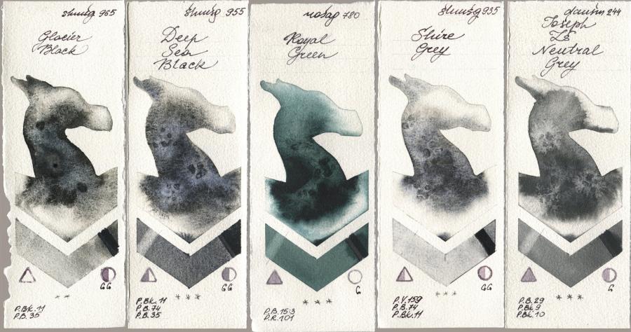 Shminke Horadam Aquarell 965 Glacier Black, 955 Deep Sea Black, Rosa Gallery 780 Royal Green, 935 Shire Grey, Daniel Smith 244 Joseph Zs Neutral Gr watercolor swatch
