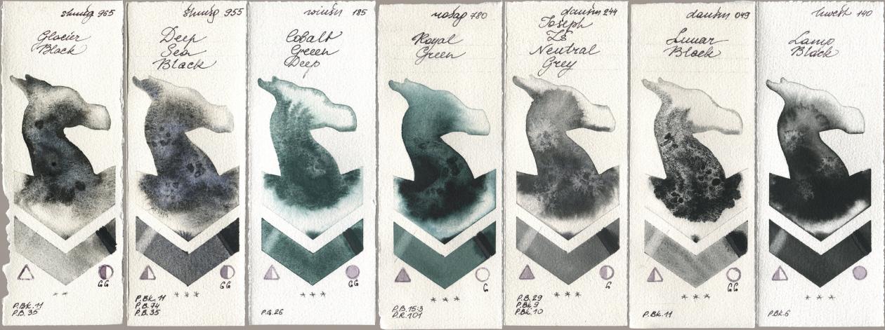 Shminke Horadam Aquarell 965 Glacier Black, 955 Deep Sea Black, Winsor & Newton Professional 185 Cobalt Green Deep, Rosa Gallery 780 Royal Green, Daniel Smith 244 Joseph Zs Neutral Grey, 049 Lunar Black, Holbein Artists Watercolor 140 Lamp Bla watercolor swatch