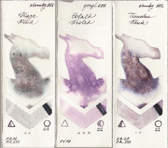Shminke Horadam Aquarell 966 Haze Pink, Golden QOR 285 Cobalt Violet, 982 Tundra Pi watercolor swatch