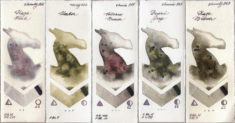 Shminke Horadam Aquarell 966 Haze Pink vs Rosa Gallery 722 Umber vs 915 Volcano Brown vs 925 Desert Grey vs 969 Haze Brown watercolor swatch