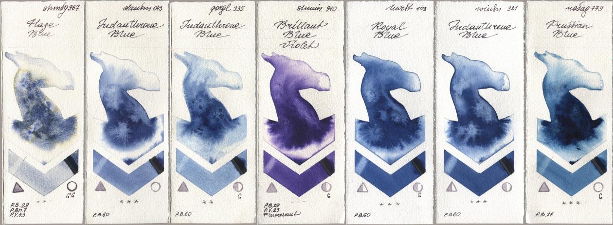 Shminke Horadam Aquarell 967 Haze Blue, Daniel Smith 043 Indanthrone Blue, Golden QOR 335 Indanthrone Blue, 910 Brilliant Blue Violet, Holbein Artists Watercolor 103 Royal Blue, Winsor & Newton Professional 321 Indanthrene Blue, Rosa Gallery 779 Prussian Bl watercolor swatch