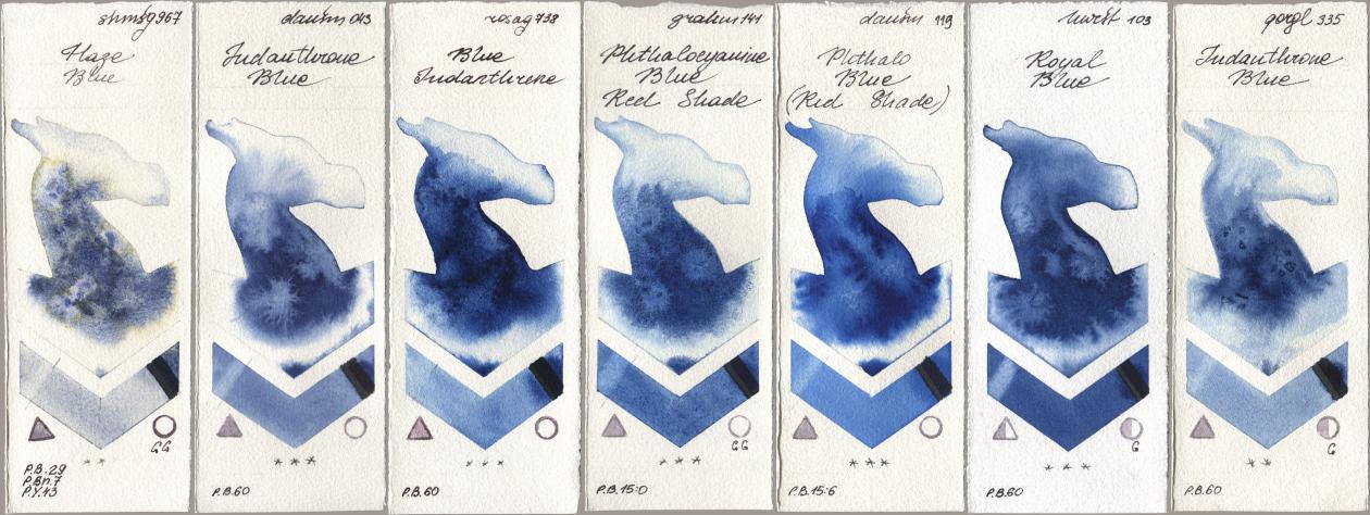 Shminke Horadam Aquarell 967 Haze Blue, Daniel Smith 043 Indanthrone Blue, Rosa Gallery 738 Blue Indanthrene, M. Graham & Co. Artists 141 Phthalocyanine Blue Red Shade, 119 Phthalo Blue (Red Shade), Holbein Artists Watercolor 103 Royal Blue, Golden QOR 335 Indanthrone Bl watercolor swatch