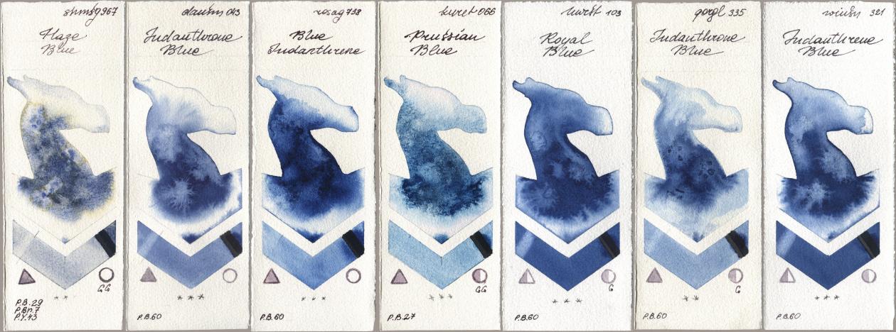Shminke Horadam Aquarell 967 Haze Blue, Daniel Smith 043 Indanthrone Blue, Rosa Gallery 738 Blue Indanthrene, Kuretake Gansai Tambi 066 Prussian Blue, Holbein Artists Watercolor 103 Royal Blue, Golden QOR 335 Indanthrone Blue, Winsor & Newton Professional 321 Indanthrene Bl watercolor swatch