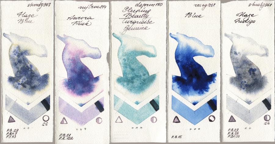 Shminke Horadam Aquarell 967 Haze Blue vs Mijello Mission Gold 814 Aurora Pink vs Daniel Smith 150 Sleeping Beauty Turquoise Genuine vs Rosa Gallery 718 Blue vs 968 Haze Indigo watercolor swatch