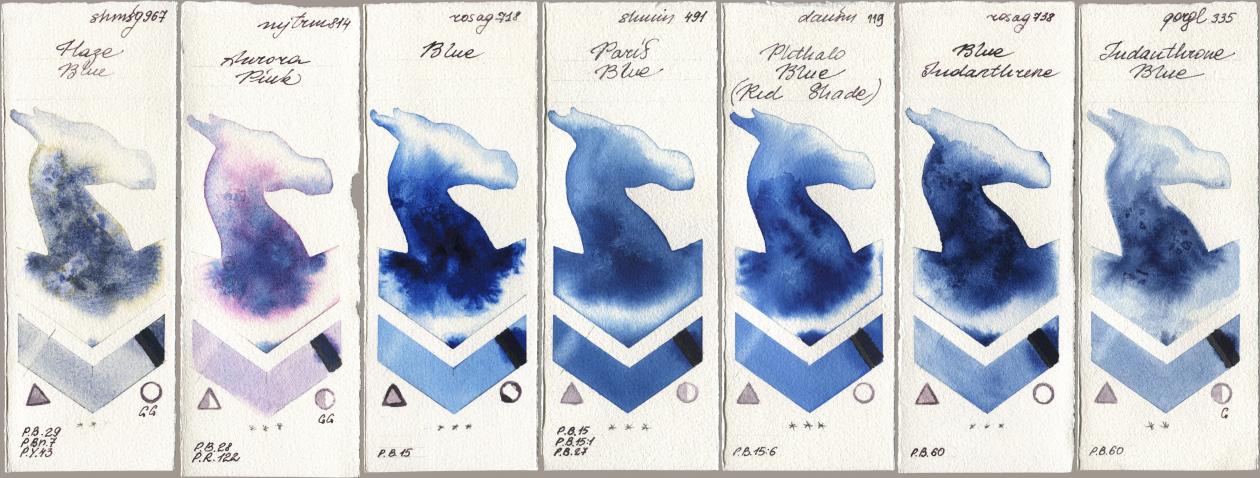 Shminke Horadam Aquarell 967 Haze Blue, Mijello Mission Gold 814 Aurora Pink, Rosa Gallery 718 Blue, 491 Paris Blue, Daniel Smith 119 Phthalo Blue (Red Shade), 738 Blue Indanthrene, Golden QOR 335 Indanthrone Bl watercolor swatch