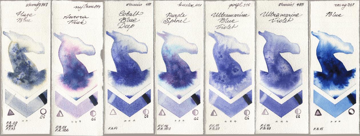 Shminke Horadam Aquarell 967 Haze Blue, Mijello Mission Gold 814 Aurora Pink, 488 Cobalt Blue Deep, Kusakabe 001 Purple Spinel, Golden QOR 316 Ultramarine Blue Violet, 495 Ultramarine Violet, Rosa Gallery 718 Bl watercolor swatch
