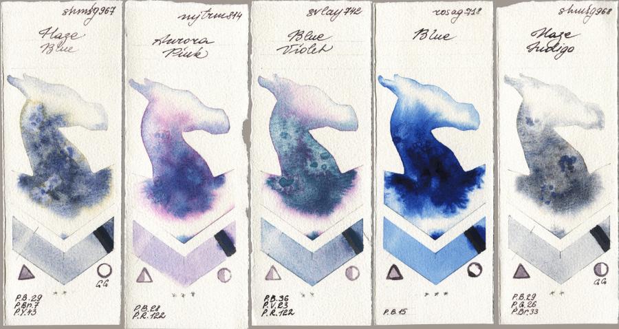 Shminke Horadam Aquarell 967 Haze Blue vs Mijello Mission Gold 814 Aurora Pink vs SuperVision 742 Blue Violet vs Rosa Gallery 718 Blue vs 968 Haze Indigo watercolor swatch