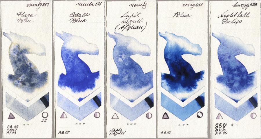 Shminke Horadam Aquarell 967 Haze Blue vs Royal Talens Rembrandt Watercolour 511 Cobalt Blue vs Roman Szmal Aquarius 999 Lapis Lazuli Afghan vs Rosa Gallery 718 Blue vs Holbein Artists Watercolor 533 Nightfall Indigo watercolor swatch