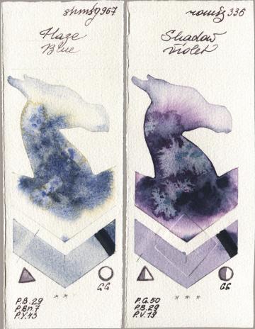 Shminke Horadam Aquarell 967 Haze Blue, Roman Szmal Aquarius 336 Shadow Viol watercolor swatch