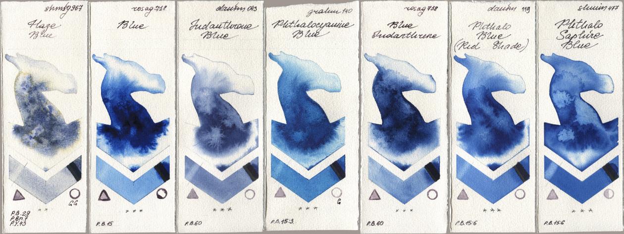 Shminke Horadam Aquarell 967 Haze Blue, Rosa Gallery 718 Blue, Daniel Smith 043 Indanthrone Blue, M. Graham & Co. Artists 140 Phthalocyanine Blue, 738 Blue Indanthrene, 119 Phthalo Blue (Red Shade), 477 Phthalo Saphire Bl watercolor swatch