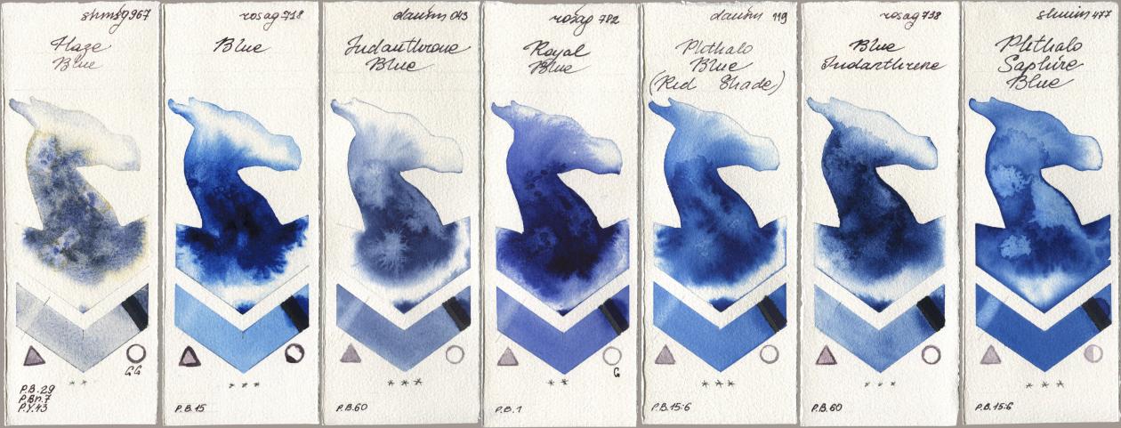Shminke Horadam Aquarell 967 Haze Blue, Rosa Gallery 718 Blue, Daniel Smith 043 Indanthrone Blue, 782 Royal Blue, 119 Phthalo Blue (Red Shade), 738 Blue Indanthrene, 477 Phthalo Saphire Bl watercolor swatch