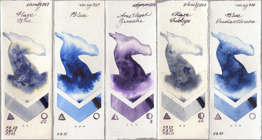 Shminke Horadam Aquarell 967 Haze Blue vs Rosa Gallery 718 Blue vs Daniel Smith 203 Amethyst Genuine vs 968 Haze Indigo vs 738 Blue Indanthrone watercolor swatch